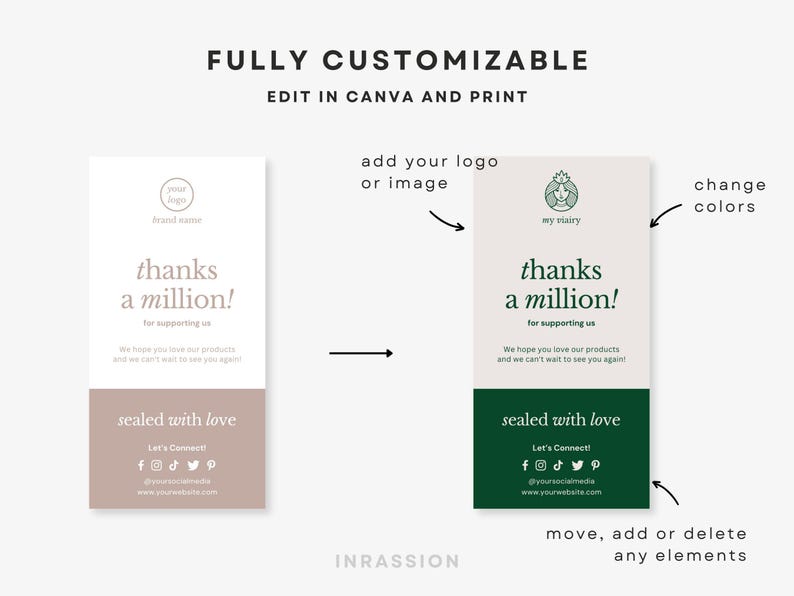 Puede incluir: Una plantilla de tarjeta de agradecimiento personalizable con el texto "&iexcl;muchas gracias!" en un esquema de color verde y marr&oacute;n. La plantilla incluye espacio para un logotipo, iconos de redes sociales y una direcci&oacute;n de sitio web. El texto "Editar en Canva e imprimir" tambi&eacute;n est&aacute; incluido.