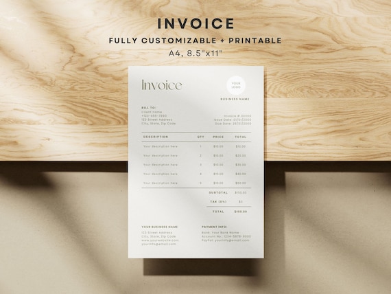 Minimalist Invoice Template, Small Business Invoice Form, Editable Modern Boho Client Invoice, Printable Business Invoice, Billing, Receipt