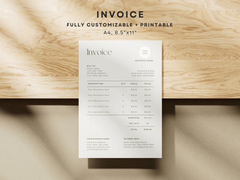 Minimalist Invoice Template, Small Business Invoice Form, Editable ...