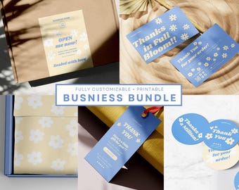 Kit editable de marca comercial, paquete de empaque personalizado retro moderno, calcomanía, etiqueta de caja, papel de seda, caja de regalo, agradecimiento