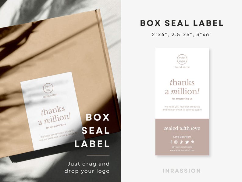 Puede incluir: Una caja marr&oacute;n con una etiqueta blanca que dice "&iexcl;gracias por un mill&oacute;n!" y "BOX SEAL LABEL". La etiqueta tambi&eacute;n tiene un lugar para un logotipo. El texto "Solo arrastra y suelta tu logotipo" est&aacute; debajo de la etiqueta. La imagen tambi&eacute;n muestra una maqueta de una pegatina con el texto "&iexcl;gracias por un mill&oacute;n!" y "sellado con amor". La pegatina mide 5 cm por 10 cm, 6,3 cm por 12,7 cm o 7,6 cm por 15,2 cm.