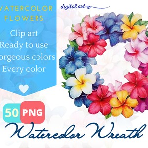 Aquarelle couronnes de fleurs - clipart d’aquarelle - 50 PNG de haute qualité, fond transparent - idéal pour cartes d’invitations et mariage