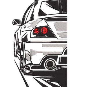 May include: Black and white illustration of a sports car's rear. The car features a spoiler, red taillights, and a prominent exhaust pipe. The design is detailed, with shading and lines to depict the car's form and shadow.