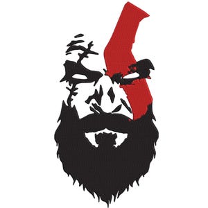 May include: Embroidered patch featuring a stylized face with a long black beard and a red stripe across the forehead. The face has a stern expression, with detailed stitching creating a textured appearance. The design is set against a white background.