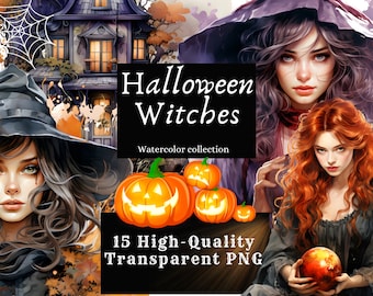 Halloween Witches Watercolor Clipart Set - 15 Digital Instant Download PNG Images