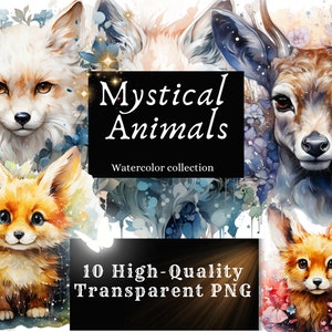 Mystical Animals Watercolor Clipart Set -10 PNGs - High-Quality -Transparent Background - Instant Download