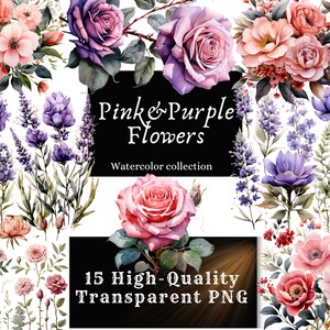Pink and Purple Flowers Watercolor Clipart Set- 15 PNGs- High-Quality- Transparent Background- Instant Download.