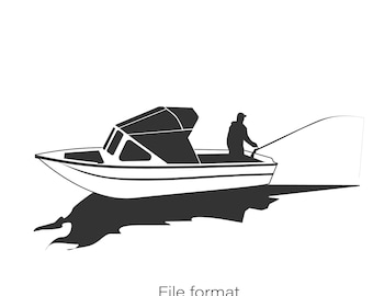 Boat clipart svg, man standing in a boat holding fishing rod silhouette transparent back vector illustration