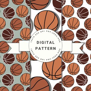 May include: A digital pattern featuring a seamless repeat of brown basketballs on a white, grey, and light blue background. The pattern is available in 12x12 inches at 300 DPI in PDF, JPEG, and PNG formats.