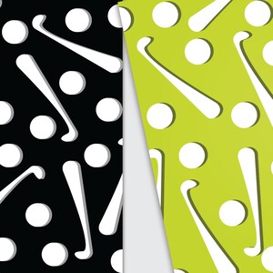 May include: A seamless pattern featuring white hockey sticks and white circles on a black background and a green background.