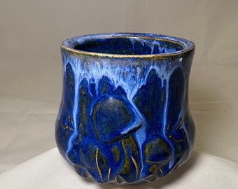Handmade Vivid Blue Mushroom Plant Pot with drainage holes #003