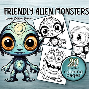 Libro de páginas para colorear de monstruos alienígenas sencillos y amigables I Adultos + Niños-Descarga digital instantánea I 20 imágenes de alta calidad I PDFI Tamaño carta/A4