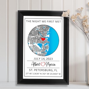 Carte personnalisée de The Night Met pour couples, cadeaux d'anniversaire personnalisés pour couples, femme/mari, plan de la ville avec les coordonnées du lieu