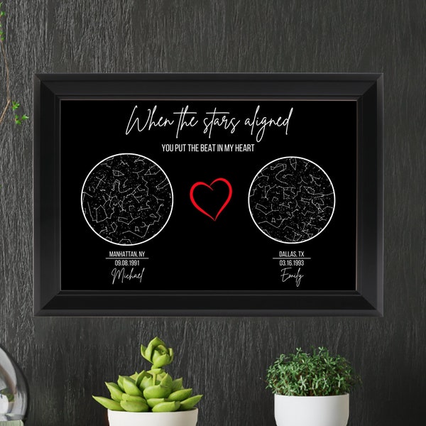 Customization Star Map Print with 2 Heart, Personalized Night Sky Constellation Map, Gifts for Couples, Lovers, First Anniversary Gifts