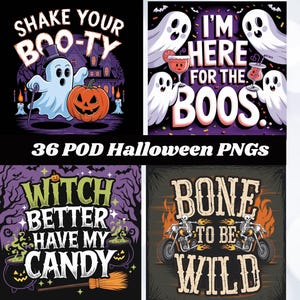 36 Halloween Text and Image Clipart PNGs, Witches, Ghosts, Skeletons, Perfect for Print on Demand T-Shirts, Party Decor Halloween Typography