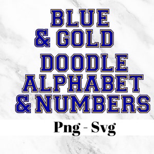 Alfabeto azul y dorado con garabatos, letras universitarias Alphadoodle, PNG, SVG, sublimación, diseño de impresión a pedido, fraternidad de hermandad, Big Little
