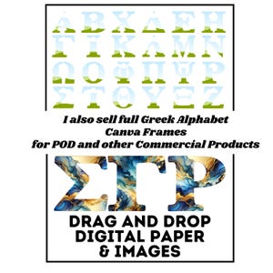 May include: A digital paper pack featuring a Greek alphabet with a blue and gold abstract background. The text "DRAG AND DROP DIGITAL PAPER & IMAGES" is below the alphabet.