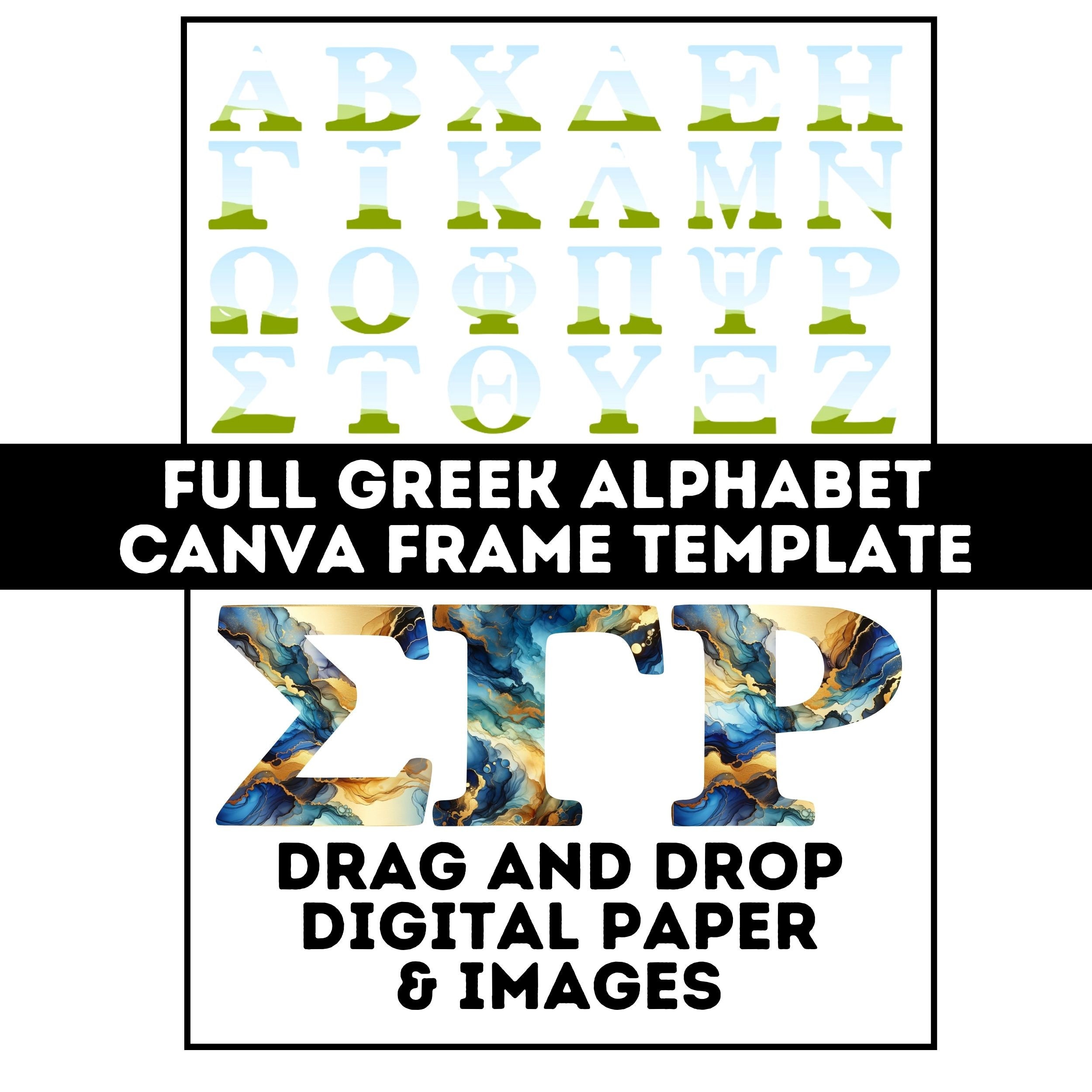 Greek Alphabet Canva Frames, Drag and Drop Letters, Full Uppercase Set, Sorority Fraternity Greek Words, Sublimation, Sorority Alpha Doodle