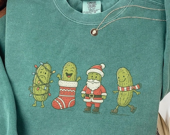 Funny Pickle Christmas Shirt, Comfort Colors® Holiday Tee With Santa And Pickles, Cute Foodie Gift Idea, Funny Winter Shirt For Women Or Men