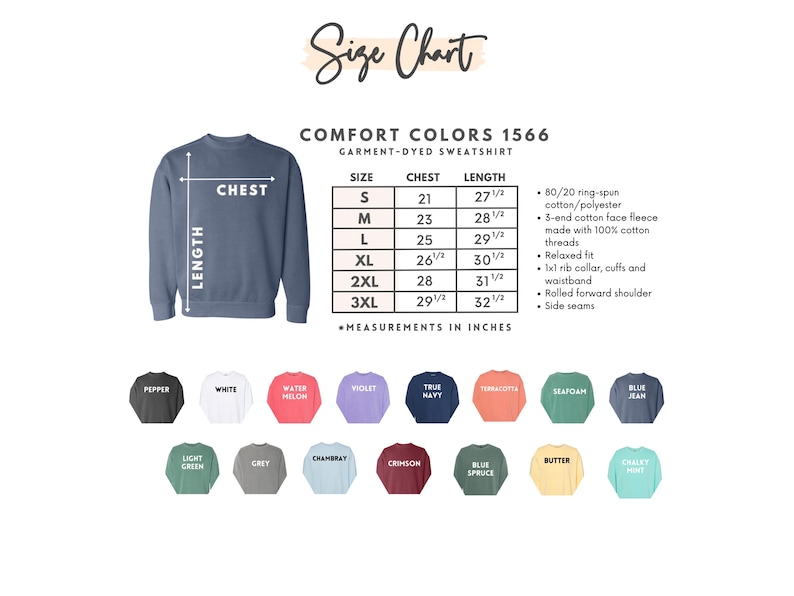 Może przedstawiać: Tabela rozmiar&oacute;w dla bluzy Comfort Colors 1566 barwionej w kawałku. Tabela zawiera wymiary klatki piersiowej i długości w centymetrach dla rozmiar&oacute;w od S do 3XL. Bluza pokazana jest w kolorze niebieskim, z r&oacute;żnymi opcjami kolorystycznymi.