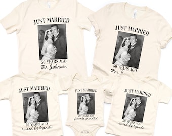 50Th Wedding Anniversary Family Shirts, Just Married 50 Years Ago Matching Tees, Golden Anniversary Party Custom Photo Shirt