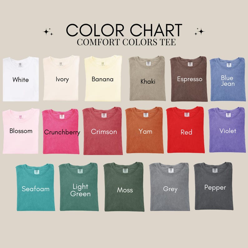 Op de afbeelding: Kleurenkaart van Comfort Colors T-shirts in diverse tinten, waaronder wit, ivoor, banaan, kaki, espresso, blue jean, blossom, crunchberry, karmozijn, yam, rood, violet, zeegroen, lichtgroen, mos, grijs en peper.