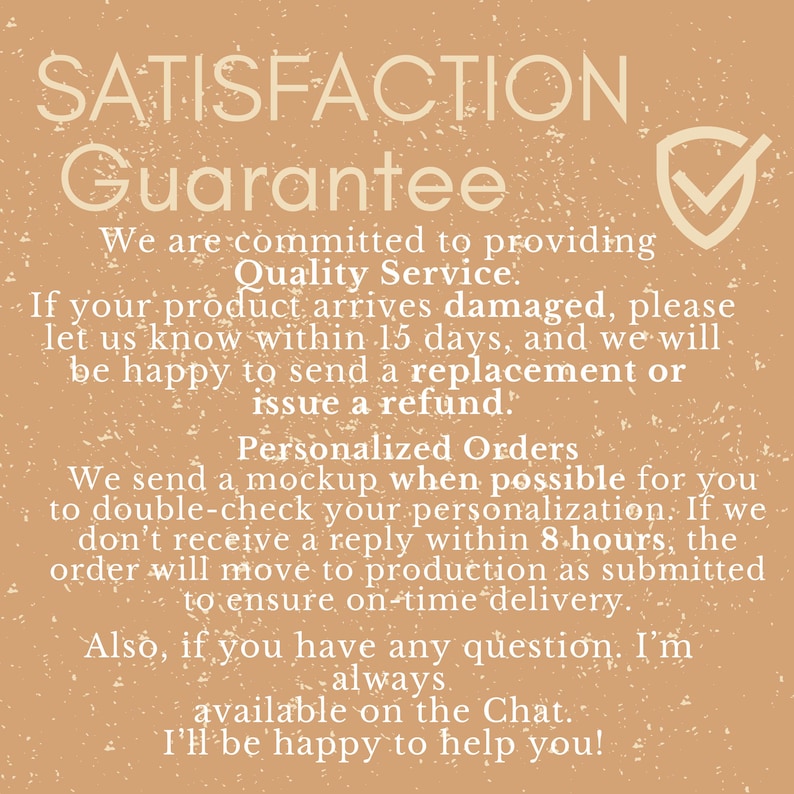 Może przedstawiać: Beżowa grafika ze słowami "SATISFACTION Guarantee" w stylizowanej czcionce. Poniższy tekst szczeg&oacute;łowo opisuje zaangażowanie w jakość usług, w tym wymiany lub zwroty.