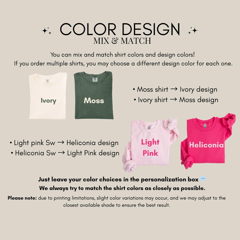 Op de afbeelding: Afbeelding met kleuropties voor shirts. Bevat voorbeelden van ivoor, mos, lichtroze en Heliconia shirts met designkleurcombinaties. Tekst legt uit hoe u kleurkeuzes kunt personaliseren en merkt kleurvariaties op.