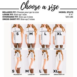 May include: A size guide chart for a white t-shirt featuring front and side views for sizes S, M, L, and XL. The chart includes measurements in inches for width, length, and sleeve length, along with fit descriptions for relaxed, loose, oversized, and dress shirt styles.