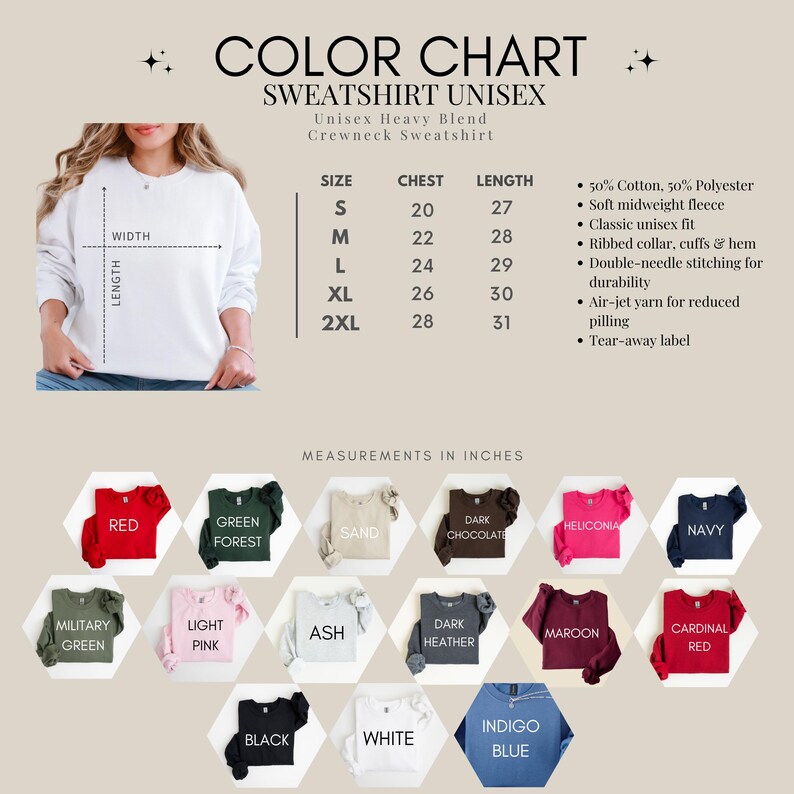 Op de afbeelding: Een witte unisex crewneck sweatshirt met maat- en meetgegevens. De afbeelding toont een kleurenkaart met verschillende sweatshirtkleuren, waaronder rood, groen en marineblauw. De tekst bevat "KLEURENKAART SWEATSHIRT UNISEX" en afmetingen in inches.