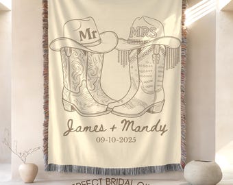 Western Wedding Blanket Custom With Names And Date, Cowboy Mr And Mrs Woven Throw, Rustic Bridal Shower Gift, Personalized Couple Present
