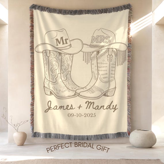 Western Wedding Blanket Custom With Names And Date, Cowboy Mr And Mrs Woven Throw, Rustic Bridal Shower Gift, Personalized Couple Present