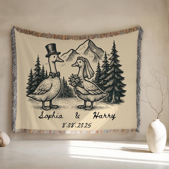 Personalized Goose Couple Blanket, Anniversary Gift For Couple, Custom Wedding Throw, Funny Bridal Shower Gift, Woven Mountain Blanket