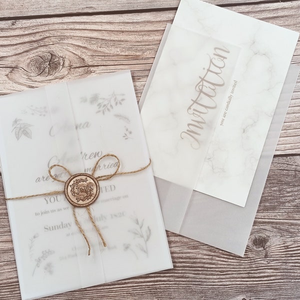 Pre-folded Vellum Jacket and Wax Seal Set - Sized for 5"x7" Invitations, A5/A6/4.6"x7.2"/5.25"x7.75", Vellum Wrap, Translucent Vellum