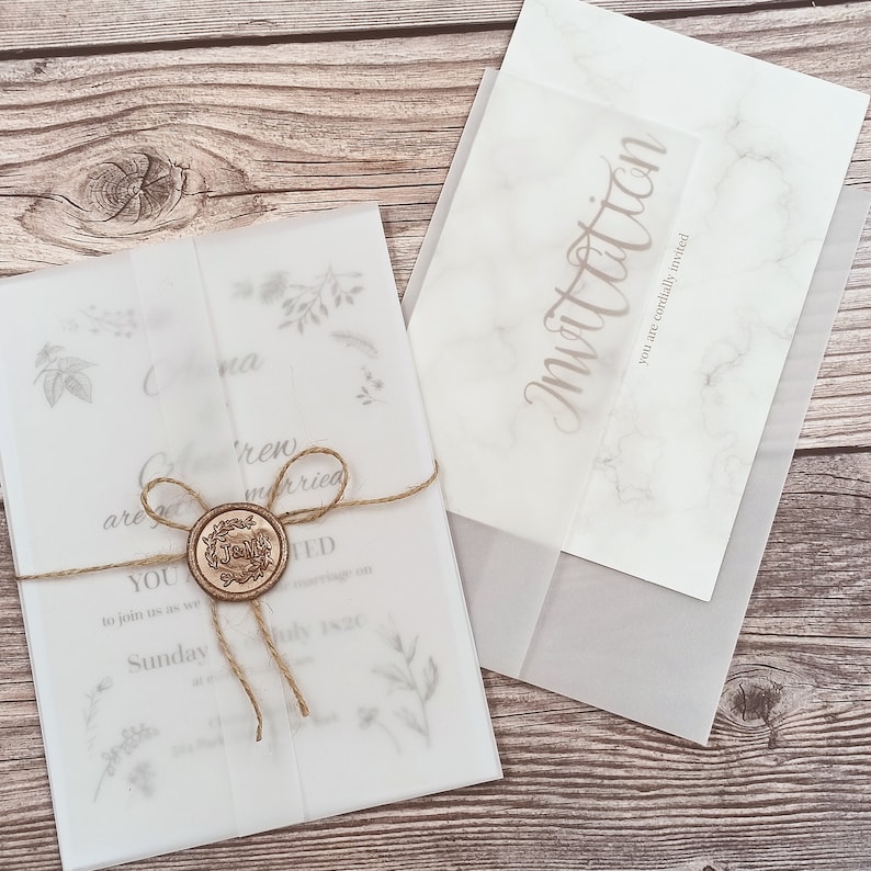 Pre-folded Vellum Jacket and Wax Seal Set Sized for 5x7 Invitations, A5/A6/4.6x7.2/5.25x7.75, Vellum Wrap, Translucent Vellum image 1