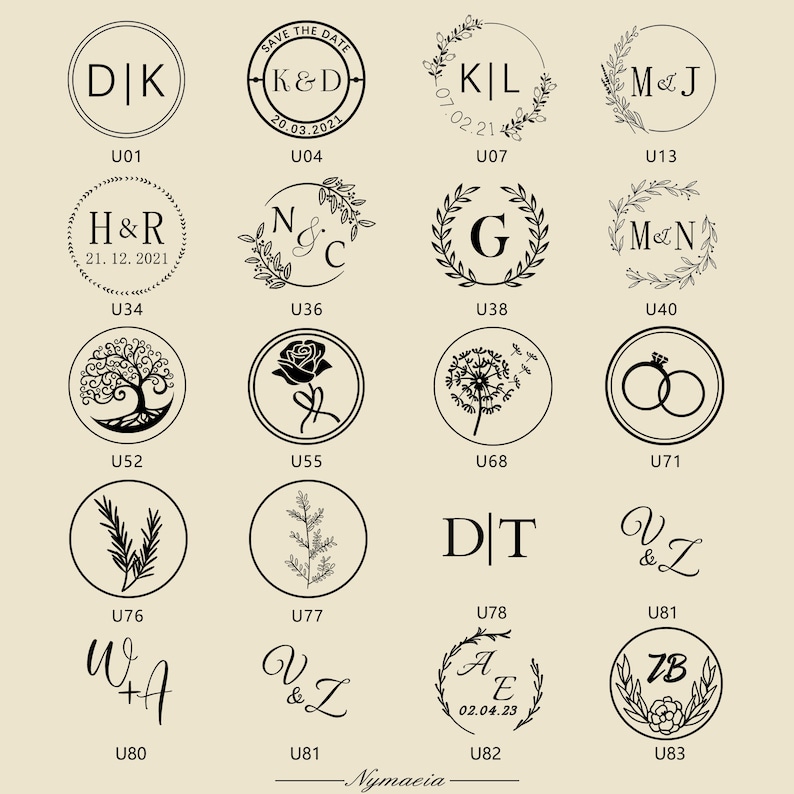 May include: A sheet of paper with 12 different black and white circular designs. Each design features a unique combination of letters, numbers, and symbols. The designs are labeled with the letters U and a number. The text "Save the Date" appears in one of the designs.