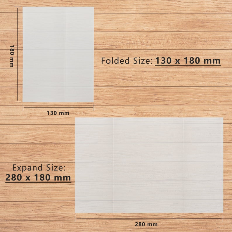 May include: A white paper sheet folded in half, showing the dimensions of the paper when folded and unfolded. The folded size is 130 mm x 180 mm, and the expanded size is 280 mm x 180 mm.