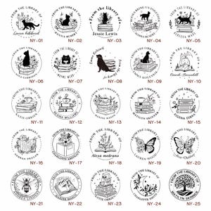 May include: Twenty-five black and white circular rubber stamps with different designs. Each stamp features a book, a cat, a butterfly, a bee, an owl, a tree, a cup of coffee, a mountain range, and other illustrations. The text "From the Library of" is included on each stamp. The text "NY-01" through "NY-25" is included below each stamp.