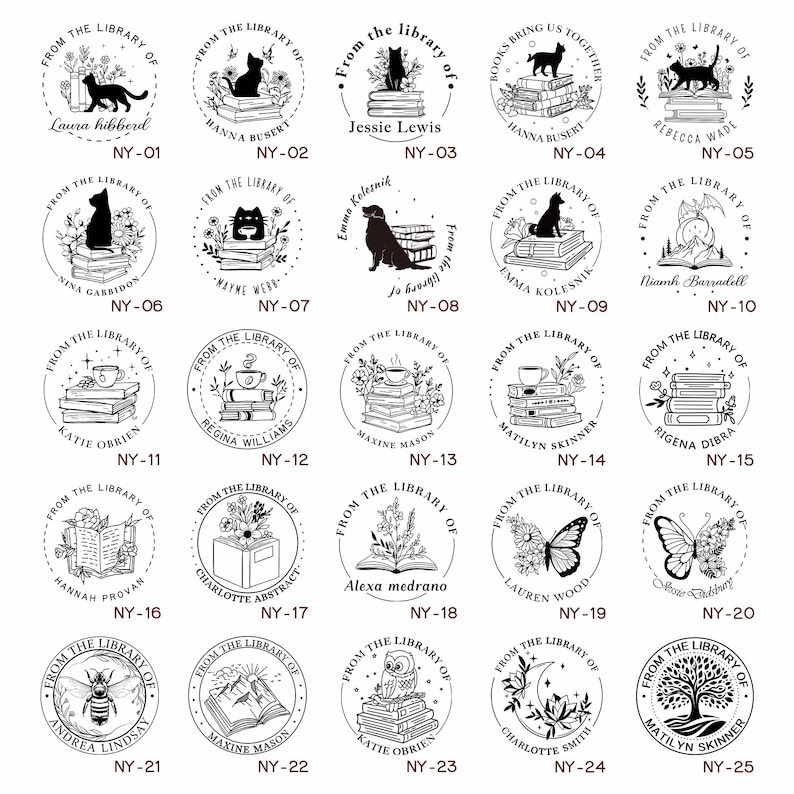 May include: Twenty-five black and white circular rubber stamps with different designs. Each stamp features a book, a cat, a butterfly, a bee, an owl, a tree, a cup of coffee, a mountain range, and other illustrations. The text "From the Library of" is included on each stamp. The text "NY-01" through "NY-25" is included below each stamp.