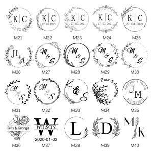 May include: A set of 40 different wedding stamp designs. The stamps feature various floral wreaths, initials, and dates. The stamps are perfect for adding a personal touch to wedding invitations, thank you cards, and other stationery.