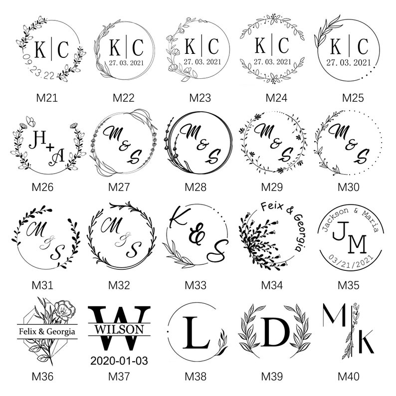 May include: A set of 40 different wedding stamp designs. The stamps feature various floral wreaths, initials, and dates. The stamps are perfect for adding a personal touch to wedding invitations, thank you cards, and other stationery.