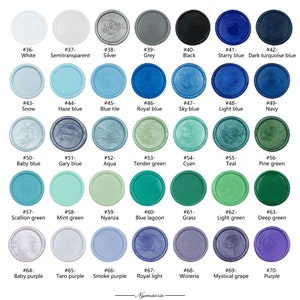 May include: A chart of 70 different colored wax seal stamps. The wax seals are arranged in rows and columns, with each seal labeled with a number and a color name. The colors include white, silver, grey, black, blue, green, and purple.