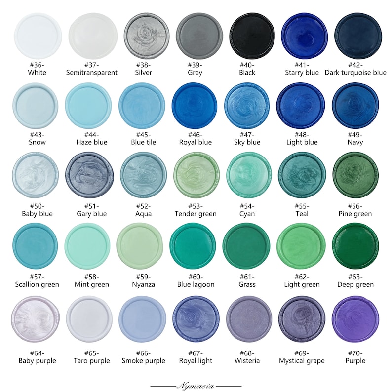 May include: A chart of 70 different colored wax seal stamps. The wax seals are arranged in rows and columns, with each seal labeled with a number and a color name. The colors include white, silver, grey, black, blue, green, and purple.