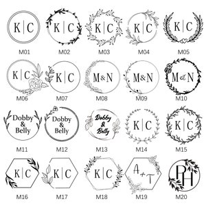 May include: Twenty different monogram designs for wedding invitations, save the dates, or other stationery. The designs feature various fonts, floral elements, and shapes, including circles, hexagons, and wreaths.