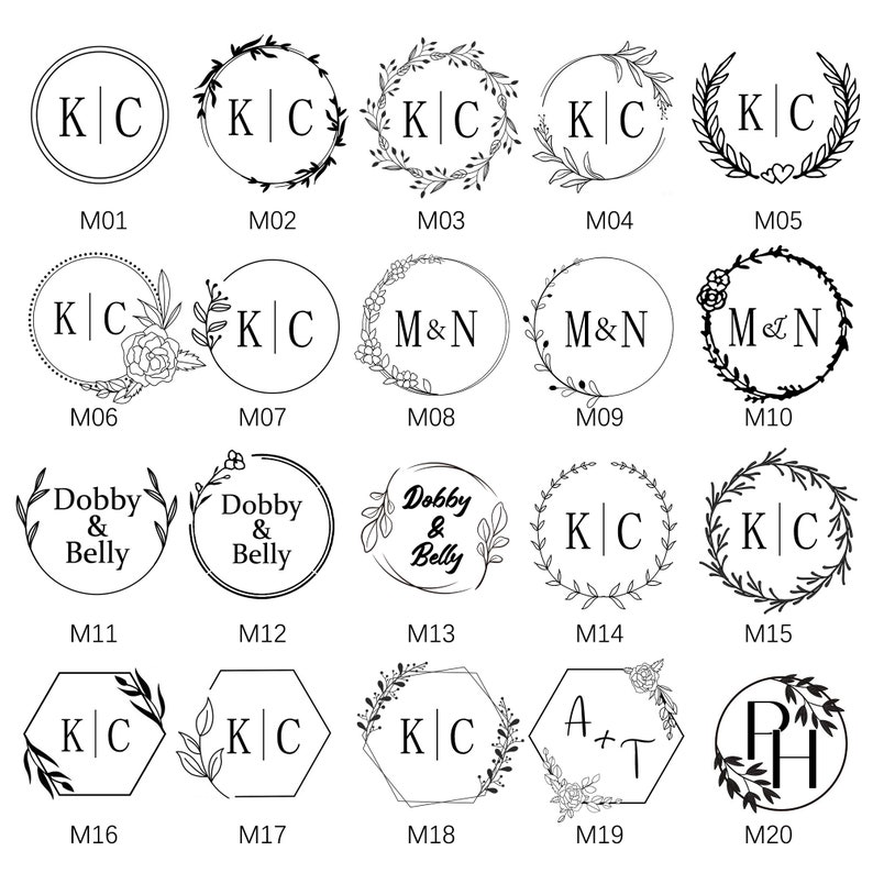 May include: Twenty different monogram designs for wedding invitations, save the dates, or other stationery. The designs feature various fonts, floral elements, and shapes, including circles, hexagons, and wreaths.