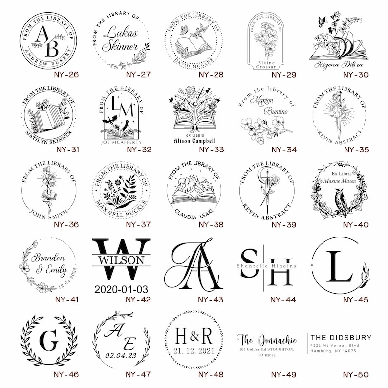 May include: A set of 50 black and white custom rubber stamps featuring various designs, including initials, names, and quotes. The stamps are arranged in a grid pattern on a white background.