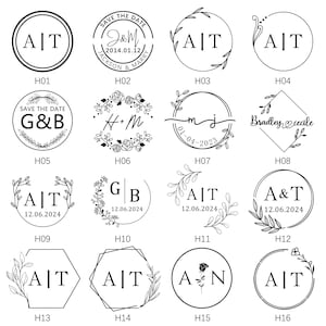 May include: A sheet of 16 different wedding stamp designs. The stamps feature various fonts, floral designs, and initials. The stamps are labeled H01 through H16.
