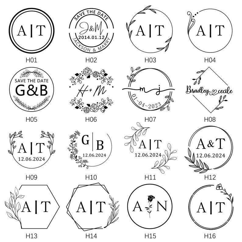 May include: A sheet of 16 different wedding stamp designs. The stamps feature various fonts, floral designs, and initials. The stamps are labeled H01 through H16.