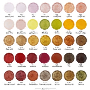 May include: A chart of 35 different wax seal colors, each with a number and a descriptive name. The colors range from pale pink to deep red and gold. The wax seals are arranged in a grid pattern.