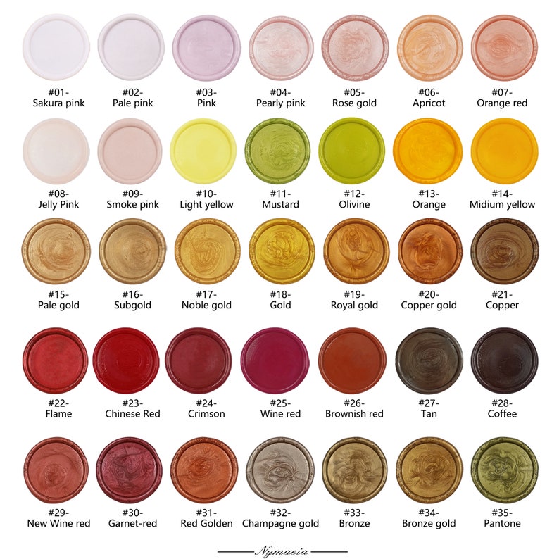 May include: A chart of 35 different wax seal colors, each with a number and a descriptive name. The colors range from pale pink to deep red and gold. The wax seals are arranged in a grid pattern.